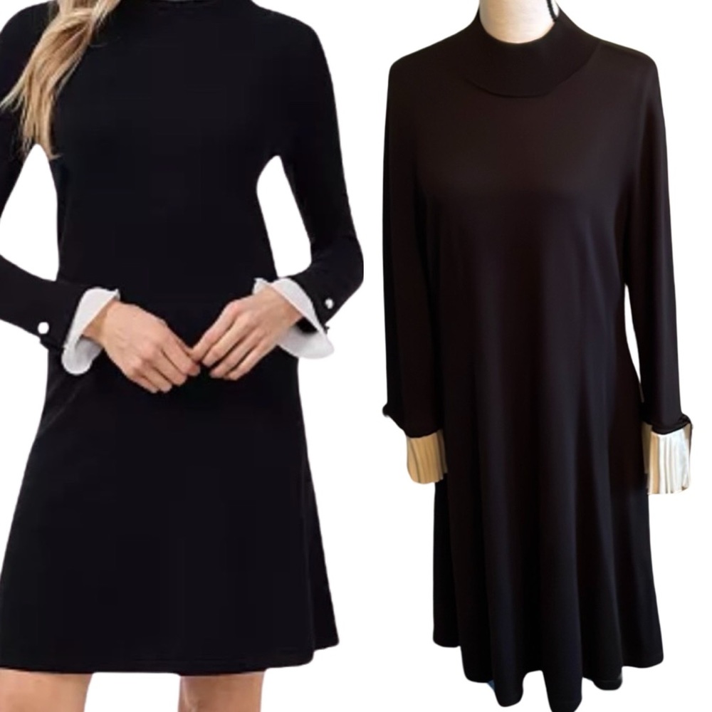 CECE Black A Line Long Sleeve Sweater Dress with Contrasting Ruffled Cuffs